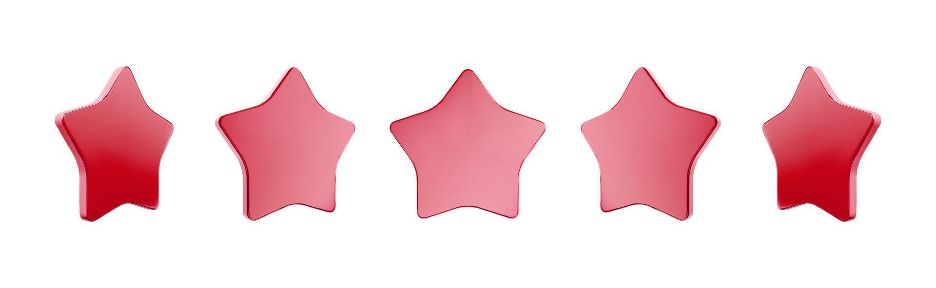 Five red glossy star rating symbols on white background. vector