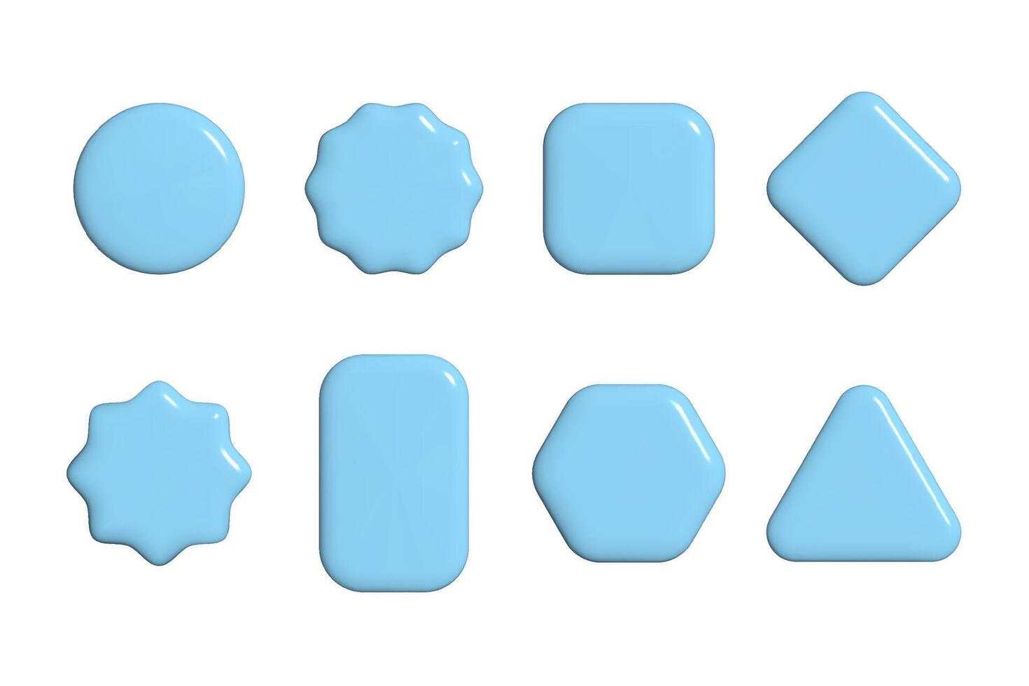 Set of realistic 3d glossy plastic geometric shape light blue gradient buttons isolated. Circle, triangle, square, rectangular, octagon and hexagon empty blank design elements vector
