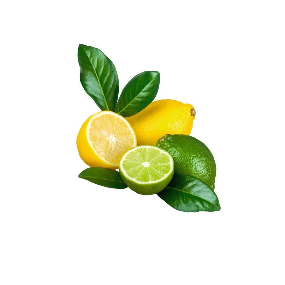Composition with ripe lemons and limes on white background photo