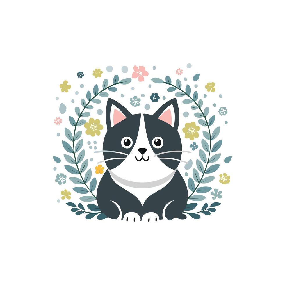Cute cat round flower frame illustration, flat style design vector