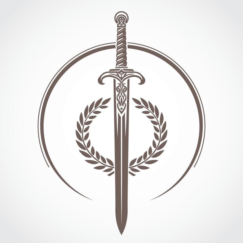 ornamental sword with laurel wreath in circle logo design vector