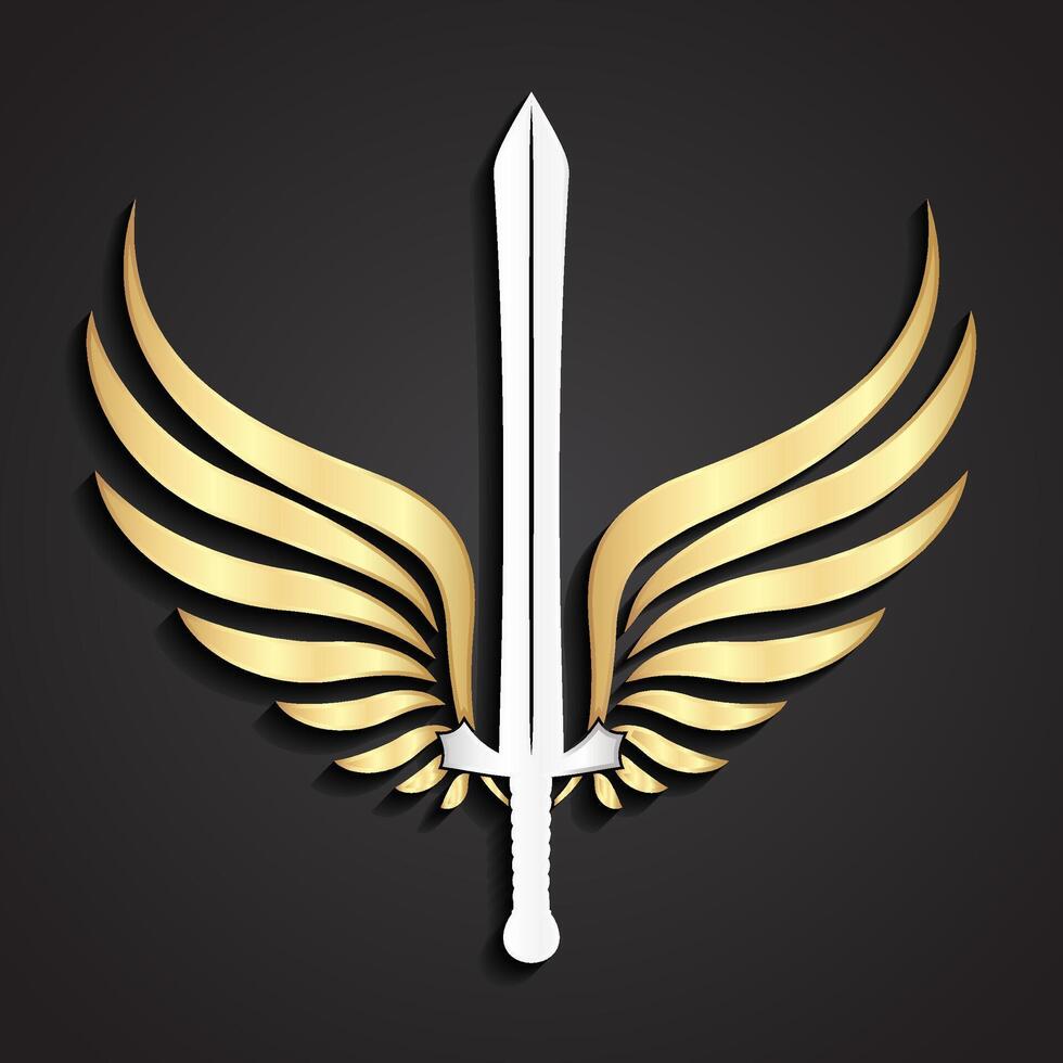3d gold sword with silver wings symbol vector