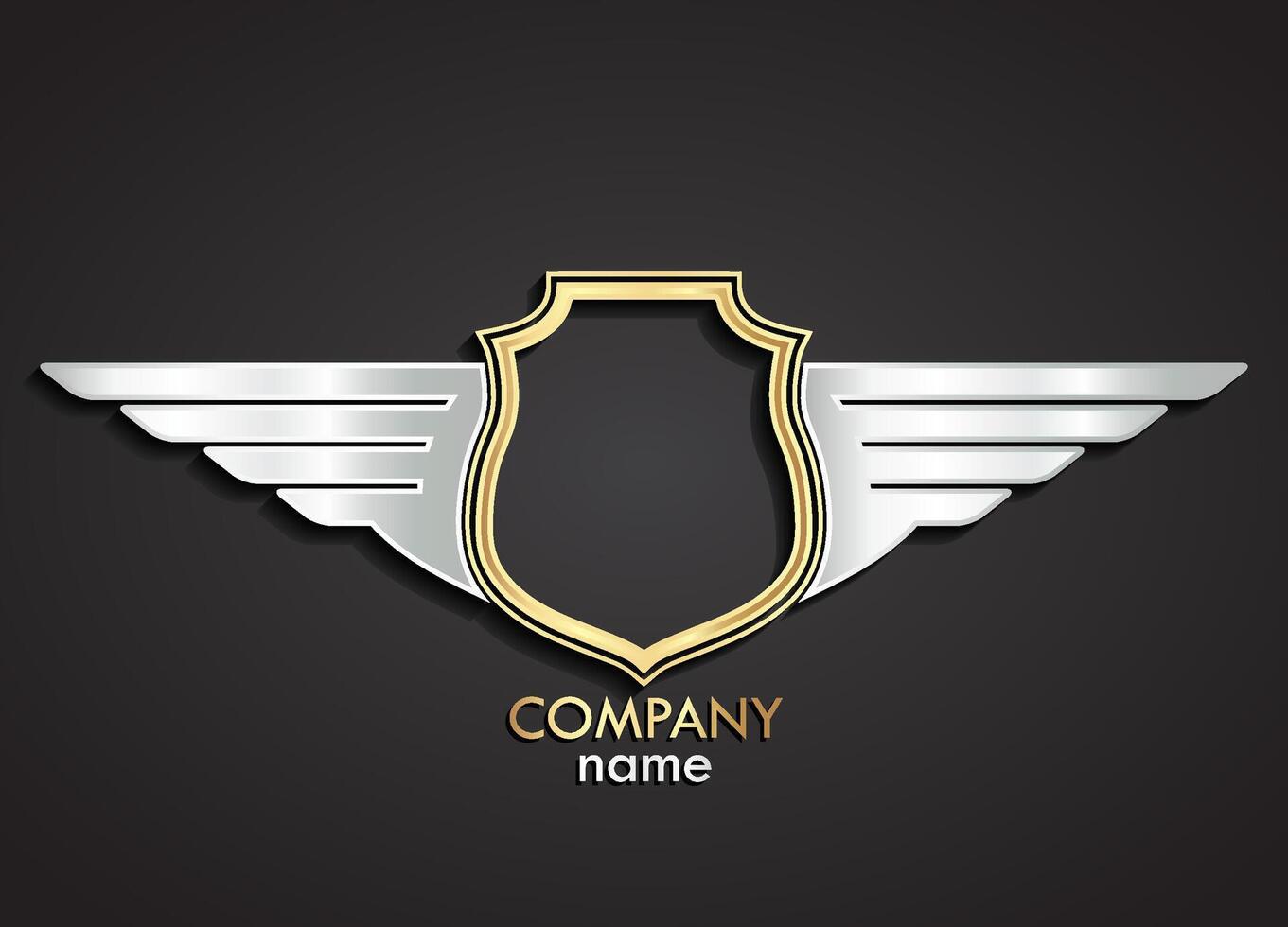 3d heraldic gold shield and silver wings logo emblem vector