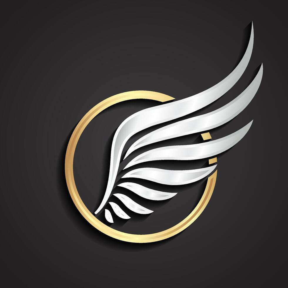 3d silver wing logo in gold circle vector