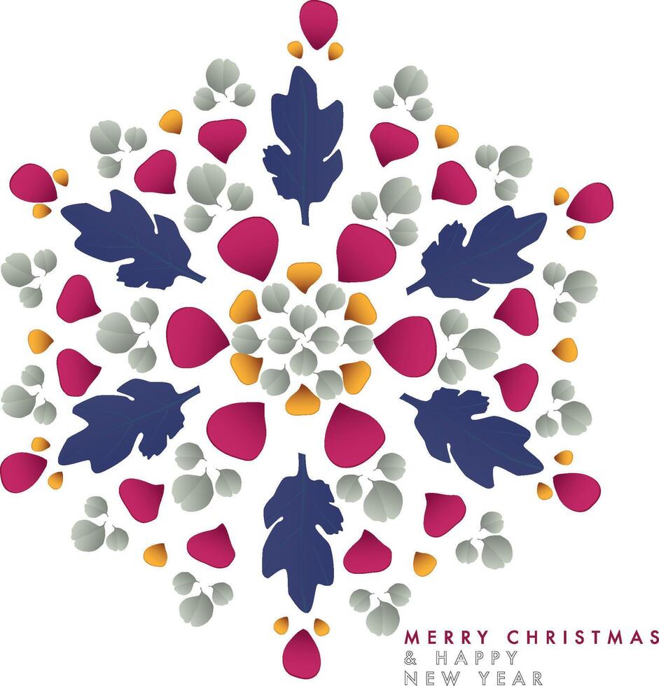 Snowflake with botanical elements in blue, yellow and red tones vector