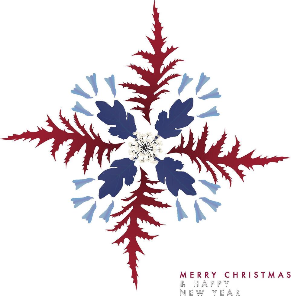 Snowflake with botanical elements in blue and red tones vector