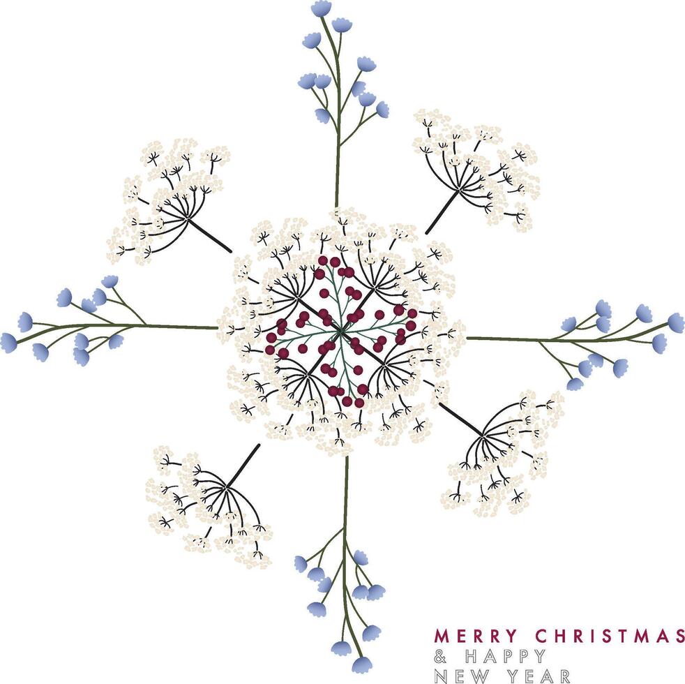 Snowflake with botanical elements in white, blue and red tones vector