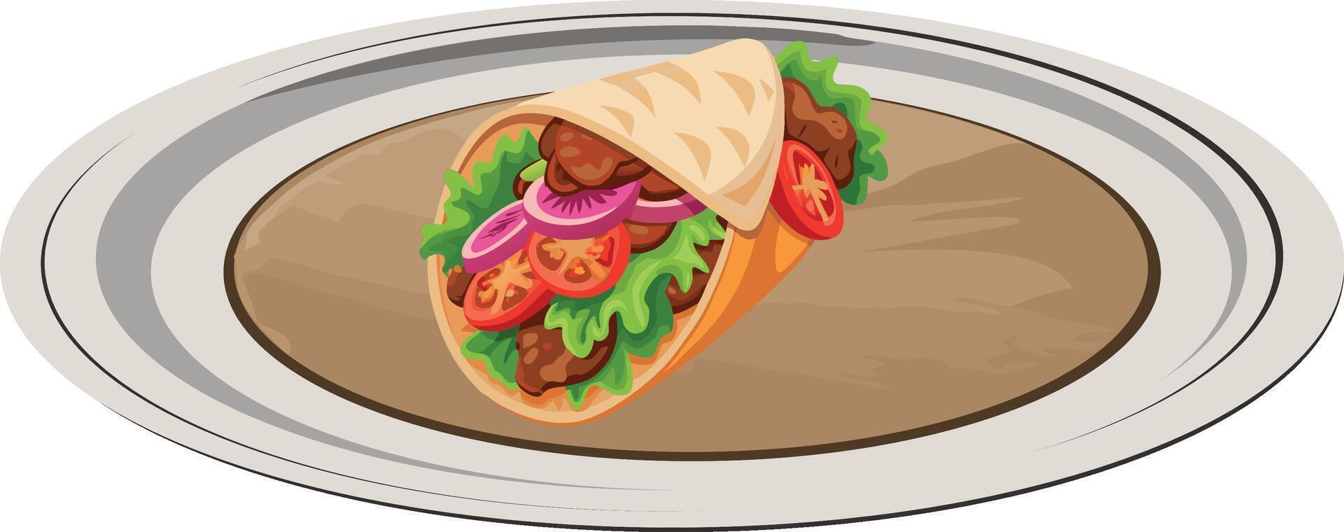 A pita sandwich with meat and vegetables on a plate vector