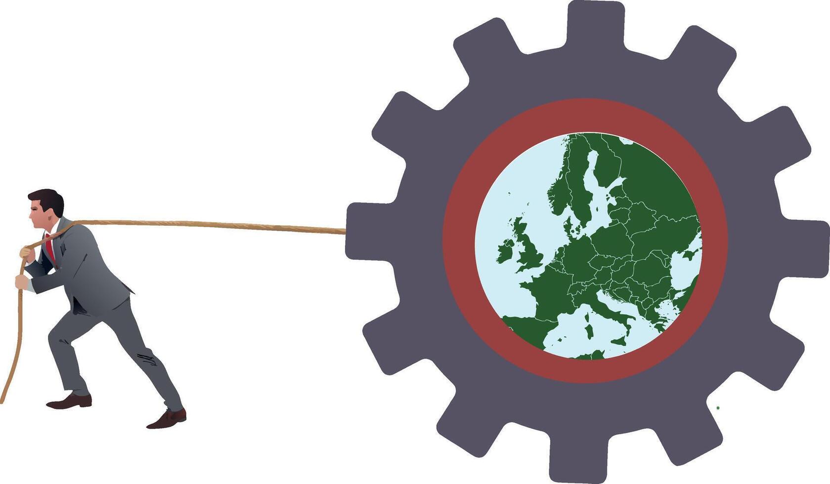 A man in a suit pulling a large gear with a european map on it vector