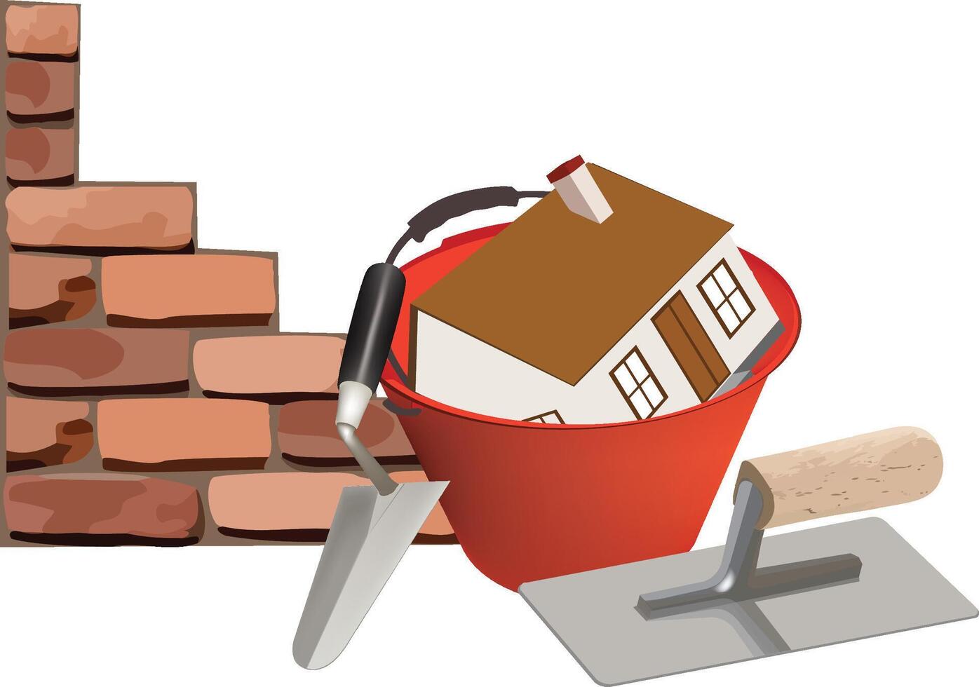 A brick house and a shovel are next to a brick wall vector