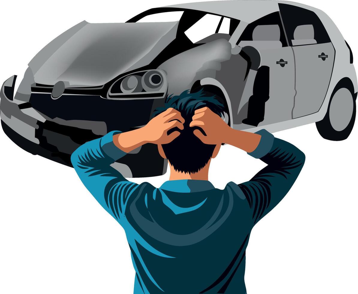 A man is looking at his car that has been damaged vector