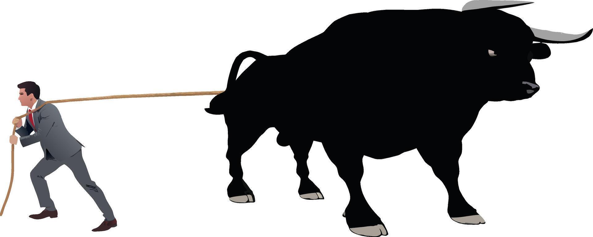 A man in a suit is pulling a rope with a bull vector