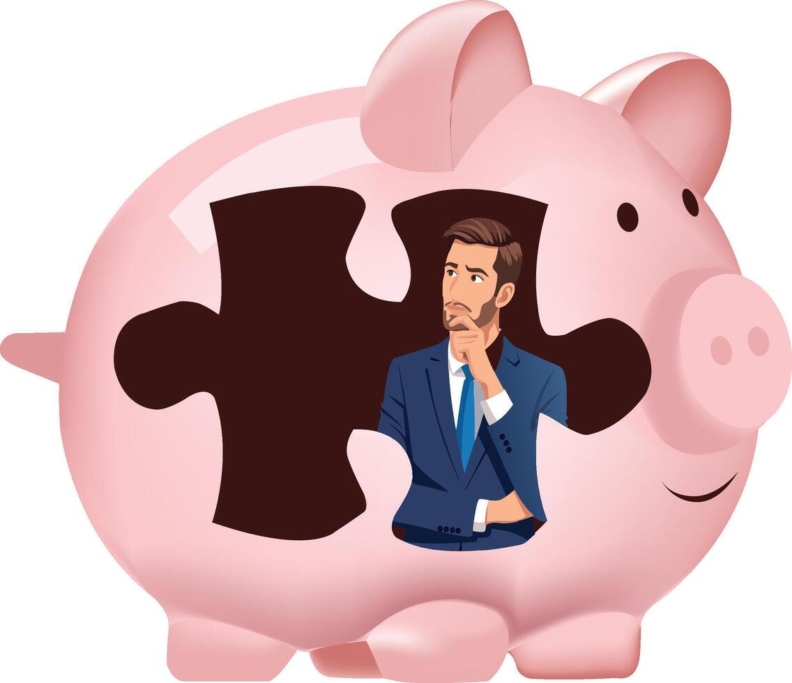 Pensive businessman looking for a solution inside piggy bank vector