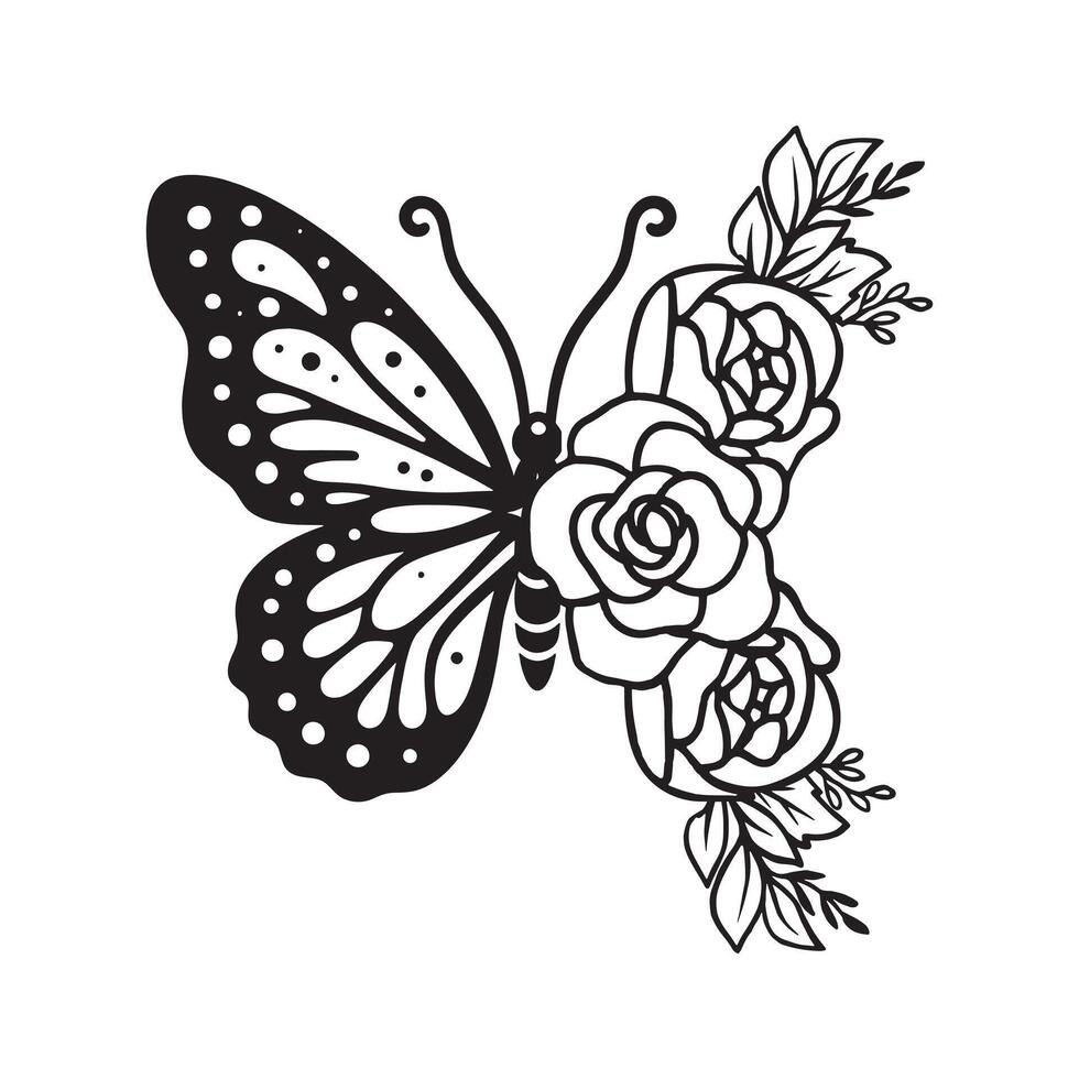 Half Rose With Butterfly Line Art vector