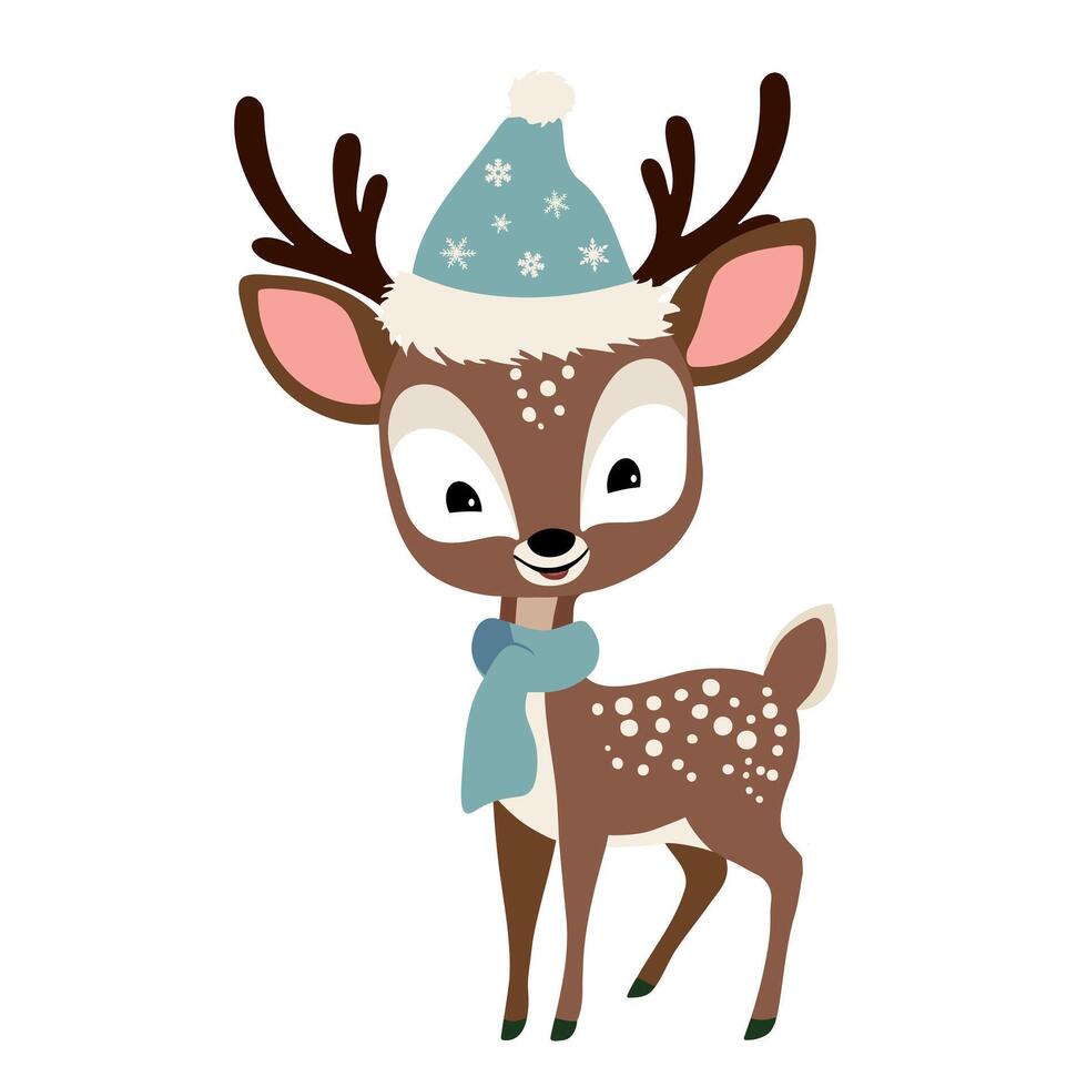 Cartoon reindeer in winter clothes. Illustration with hand drawn doodle deer. Thickly clothed pet. vector