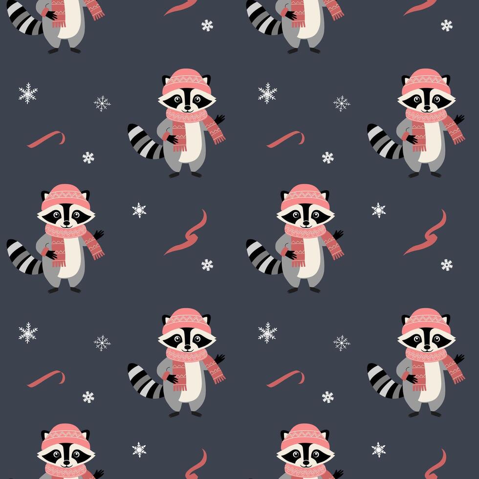 Seamless pattern with warm clothed raccoon. Christmas Winter backgrounds. Cartoon animals pattern. vector