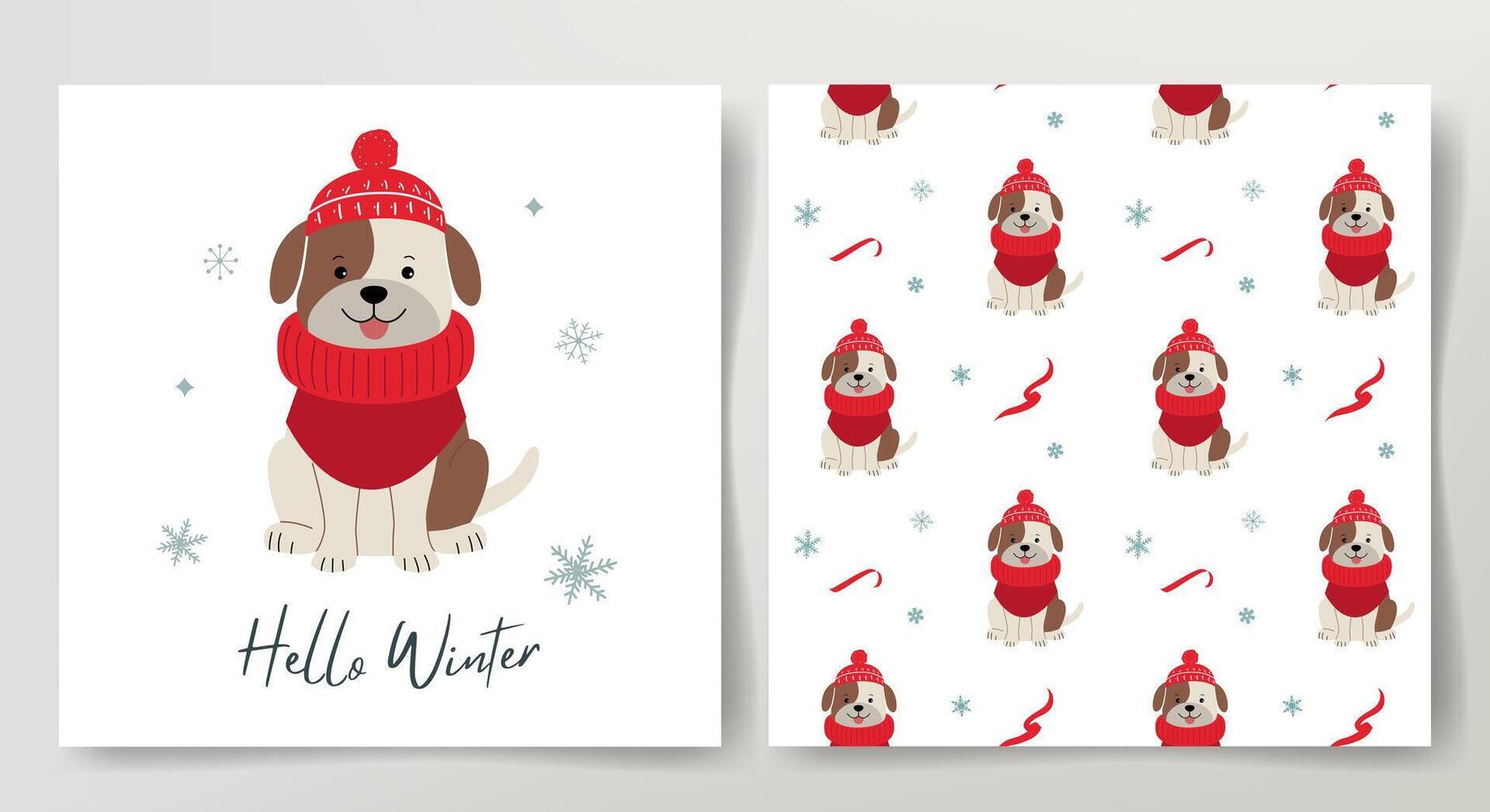 Seamless pattern and winter card with cute dog in warm clothes. Christmas template. Winter puppy. vector