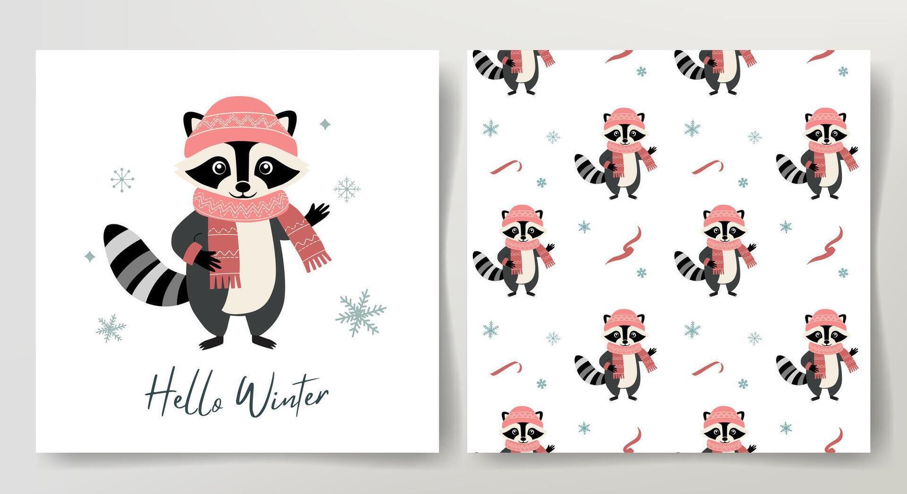 Seamless pattern and winter card with cute raccoon in warm clothes. Christmas template. Winter animals. vector
