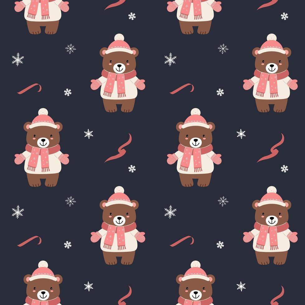 Seamless pattern with warm clothed bear. Christmas Winter backgrounds. Cartoon animals pattern. vector