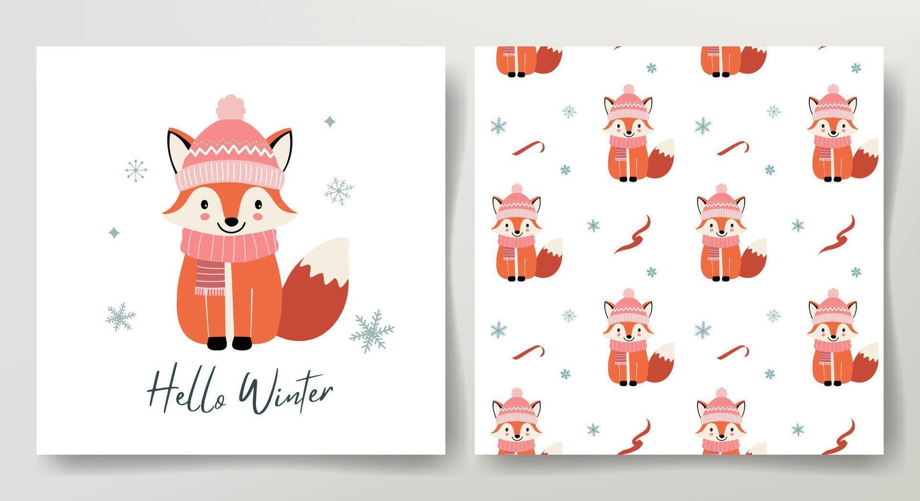 Seamless pattern and winter card with cute fox in warm clothes. Christmas template. Winter animals. vector