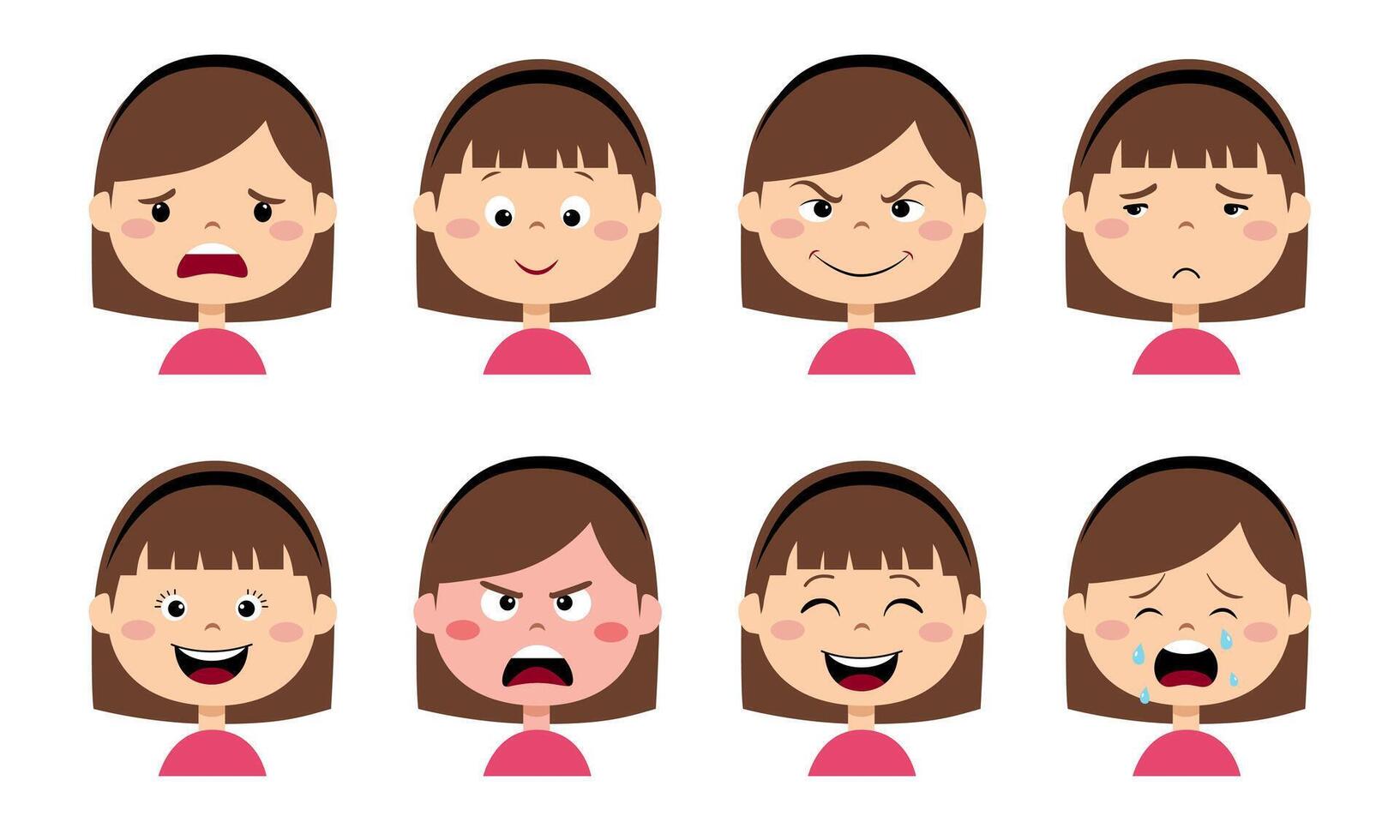 Girl face with emotions of joy, anger, curiosity, sadness and other. Different face expressions set. vector