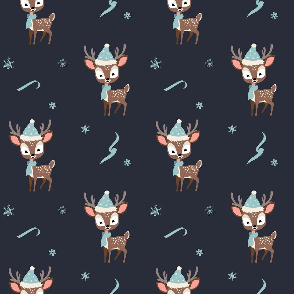 Winter seamless pattern with cute reindeer in a hat. Christmas backgrounds. New year decorations. Cartoon animals pattern. vector