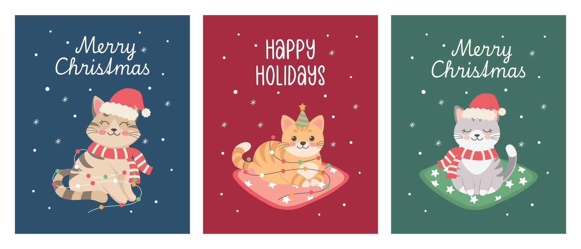 Cute cat in Santa hat and garland of lights. Set of Christmas card design templates. Flat illustration vector