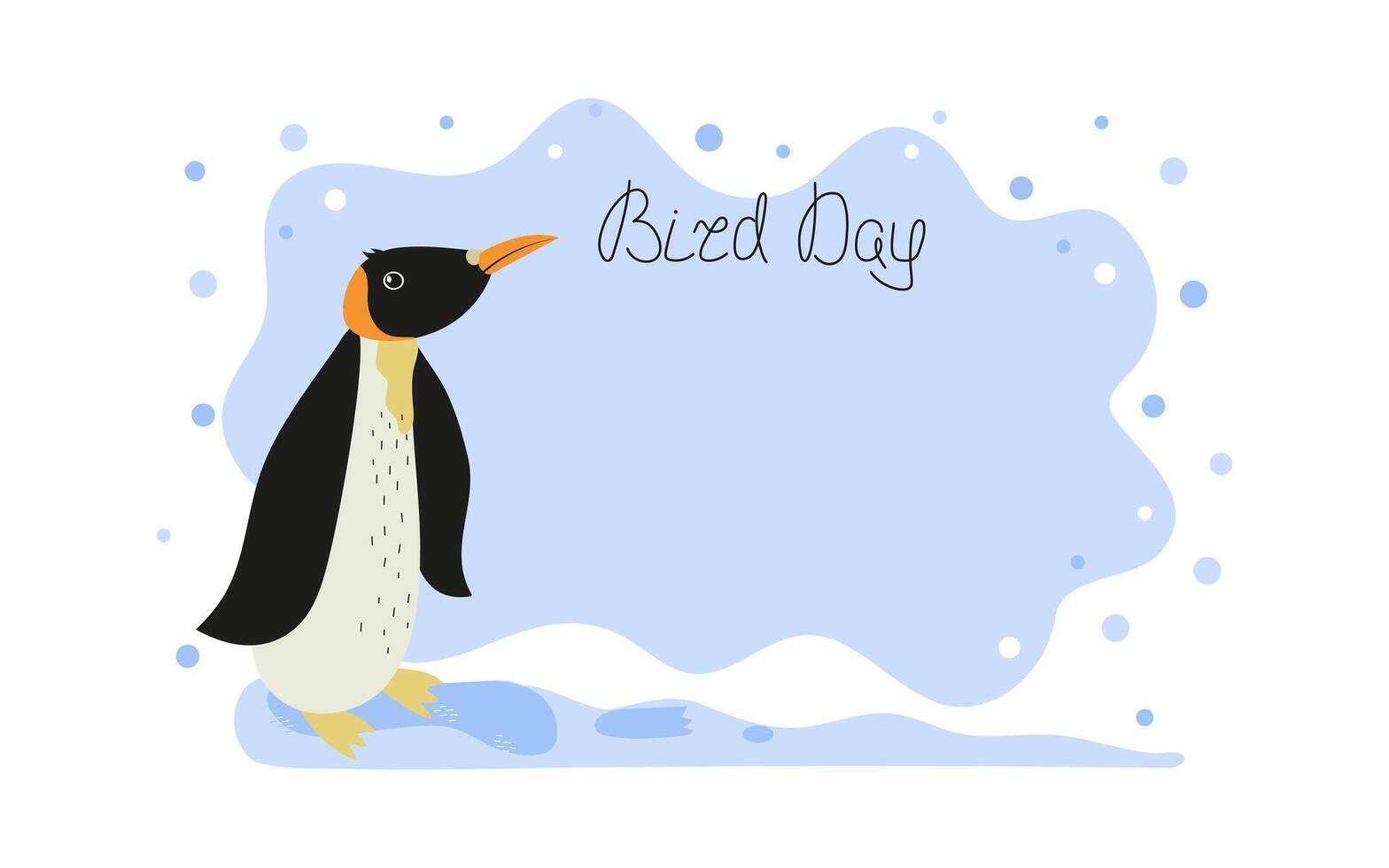 Banner, postcard. National Bird Day. Penguin, polar bird. Cartoon animal of Antarctica. Hand lettering. Space for text. Background with snowflakes, snow, ice. vector