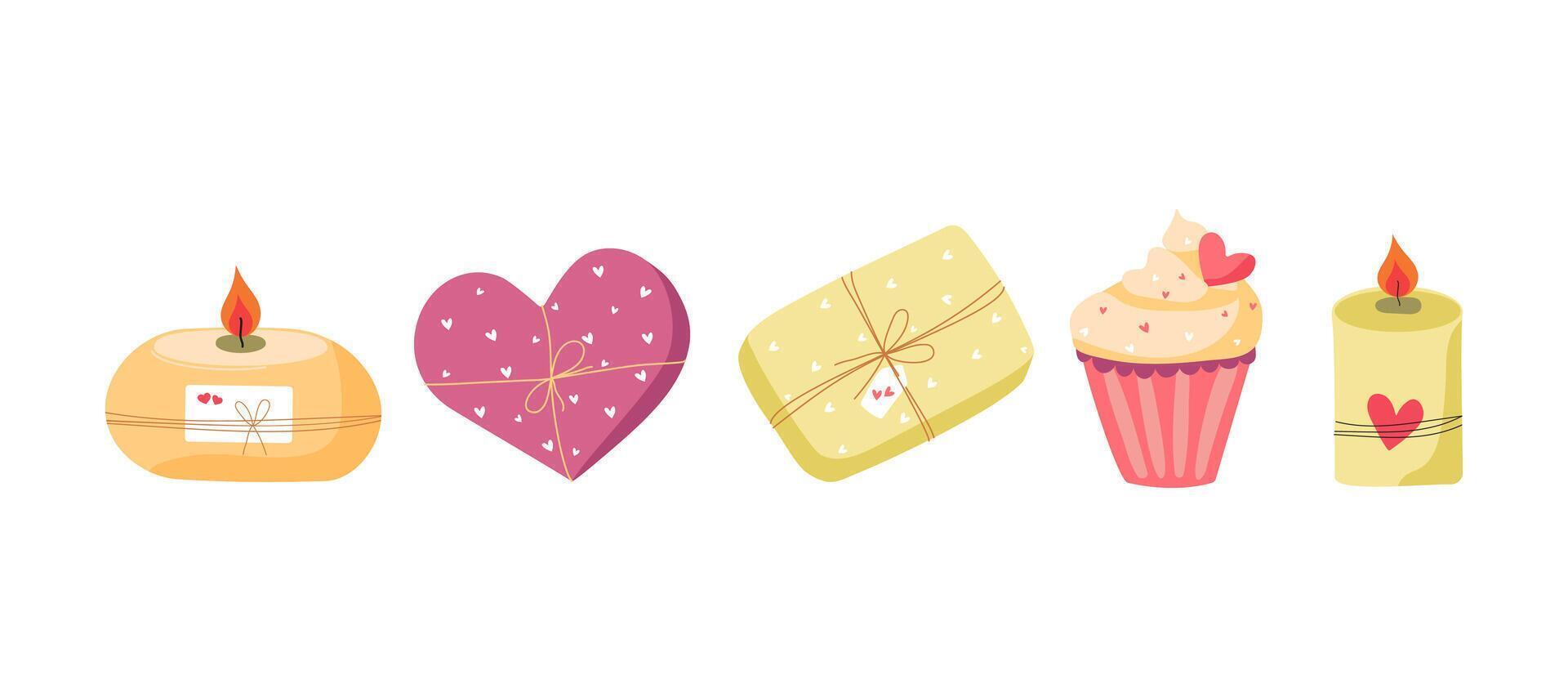 Gift holiday box, hearts. Burning candles, gifts, cupcake. illustration on isolated background. Wax cozy candle with flame, fire. Valentine's Day. Romantic elements for holiday. vector