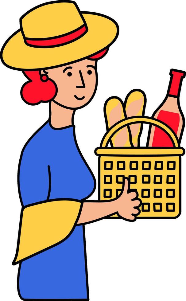 French woman walking with a basket of food in an outline cartoon style vector