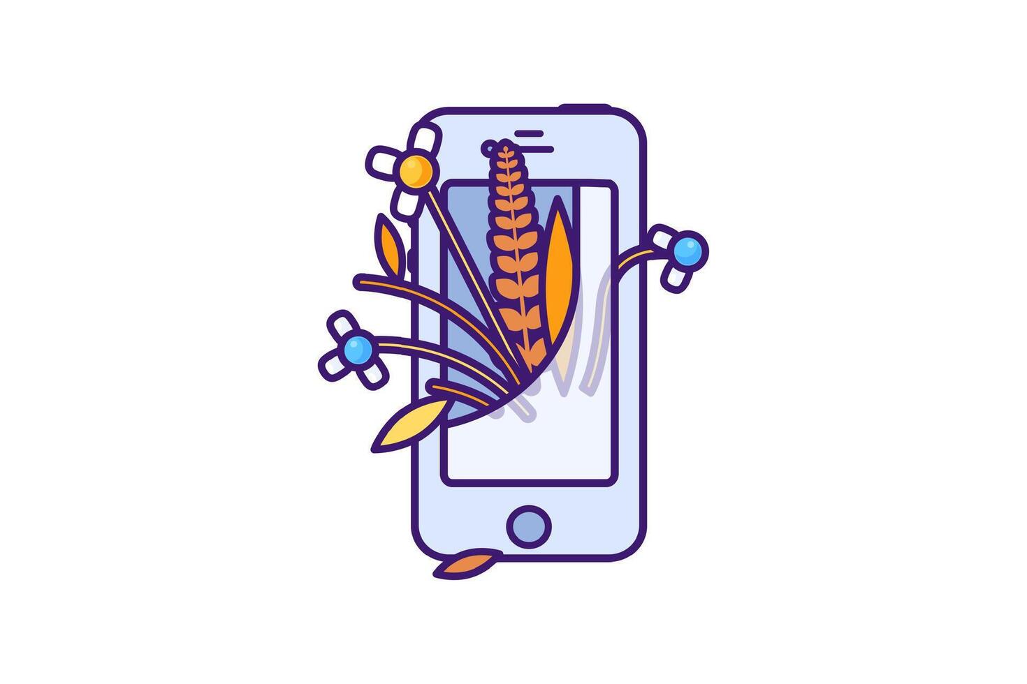 Dry nosegay growing out from phone in outline cartoon style vector