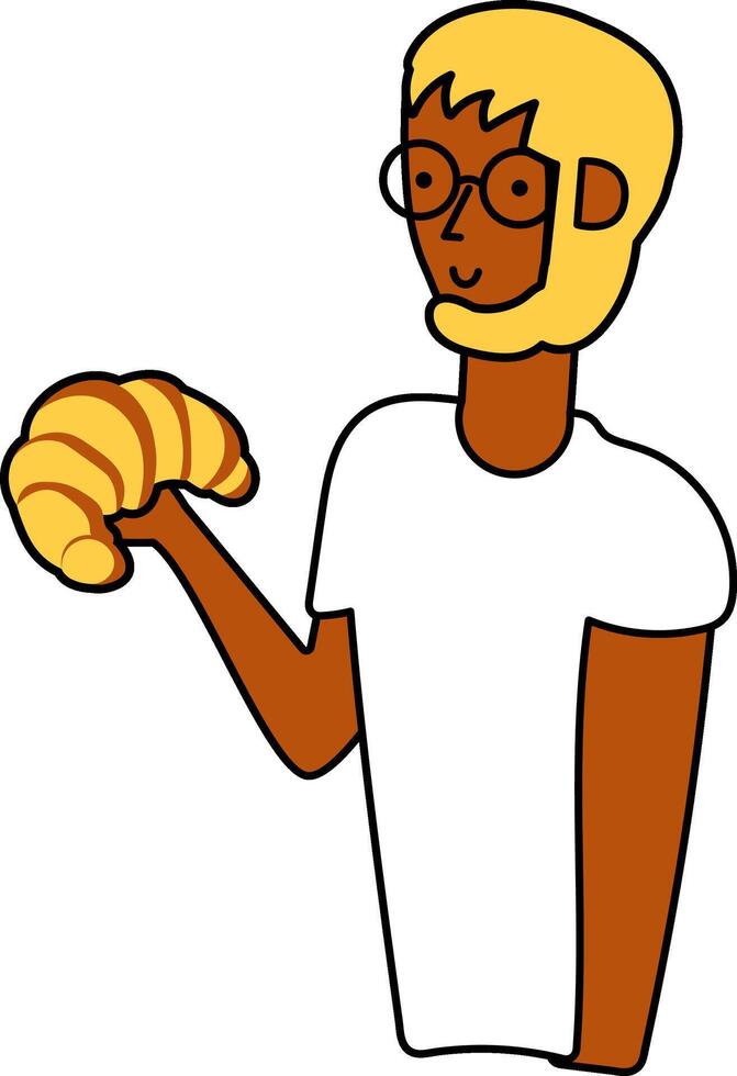 Colorful cartoon character holding a french croissant in an outline cartoon style vector