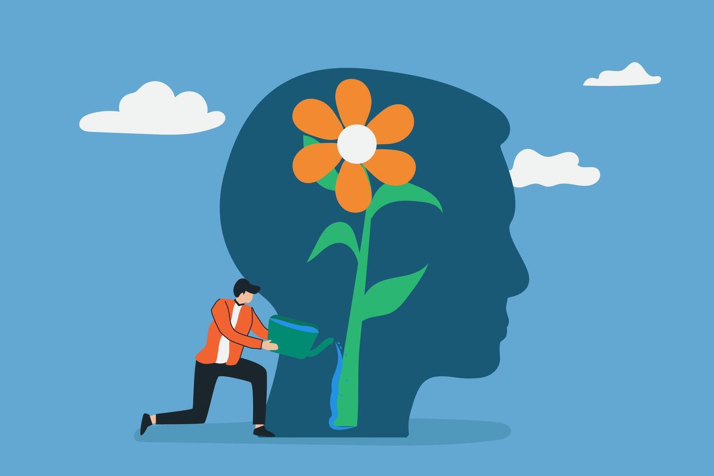 positive thingking concept human brain self care. Wellbeing, acceptance, blooming brain vector