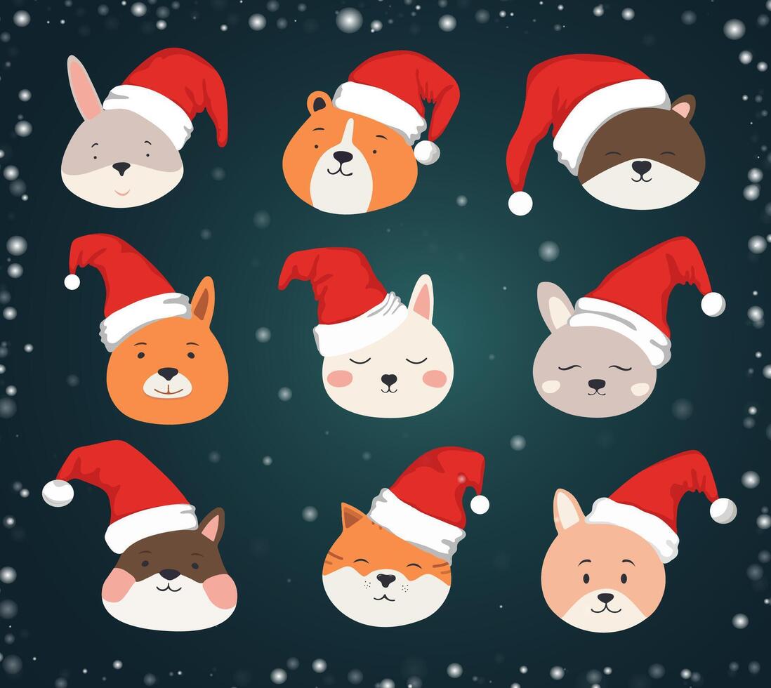 Set of Christmas cartoon characters. New Year illustrations of cute kawaii animal heads Santa hats. Christmas stickers. vector