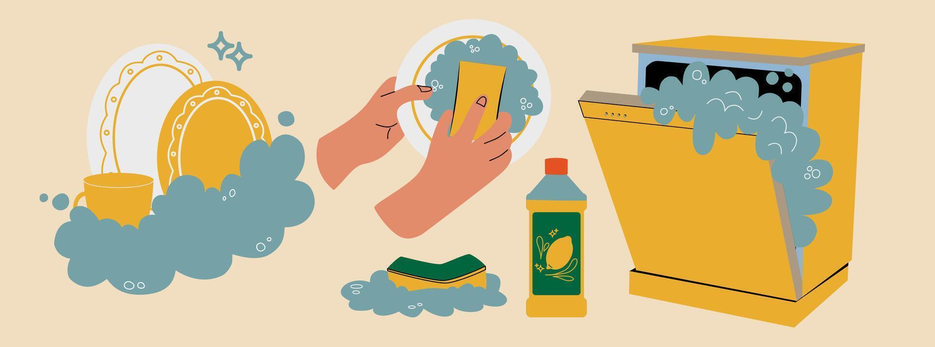 Washing dishes. Detergent, sponge, dishwasher. Hands wash the plate. A set of dishes in soap foam. vector