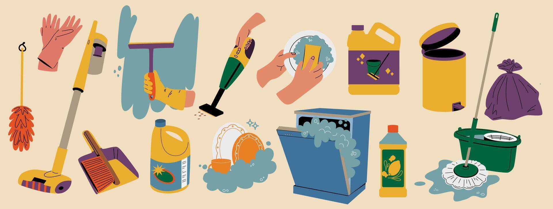 A set of elements for home cleaning. Cleaning and housekeeping tools. vector