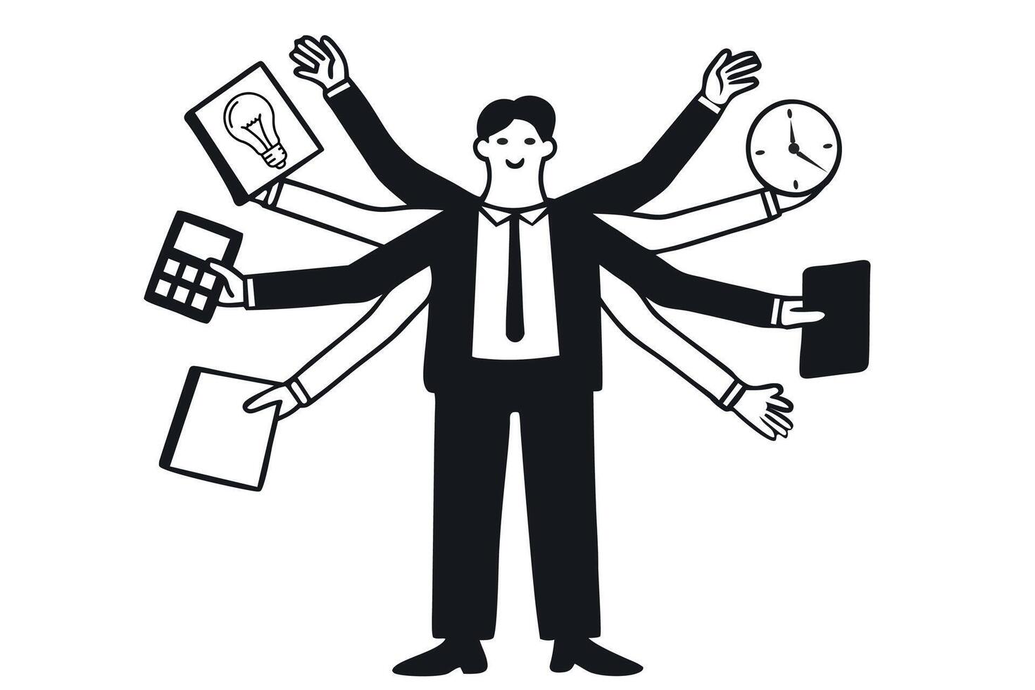 Business busy man doing different tasks at the same time. Multitasking concept vector
