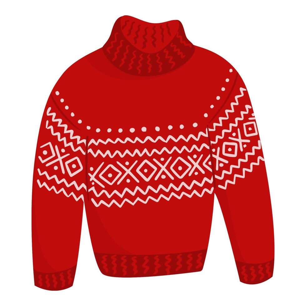 Flat cartoon illustration of a cozy warm red sweater with a New Year's pattern. Christmas knitted warm clothes on a white background vector