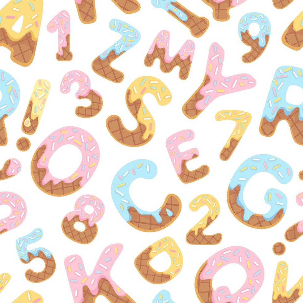 Wafer cream alphabet numbers pattern ABC letter in style of ice cream. Cartoon alphabet seamless design for printing on childish textiles kids birthday party nursery poster card packaging paper vector
