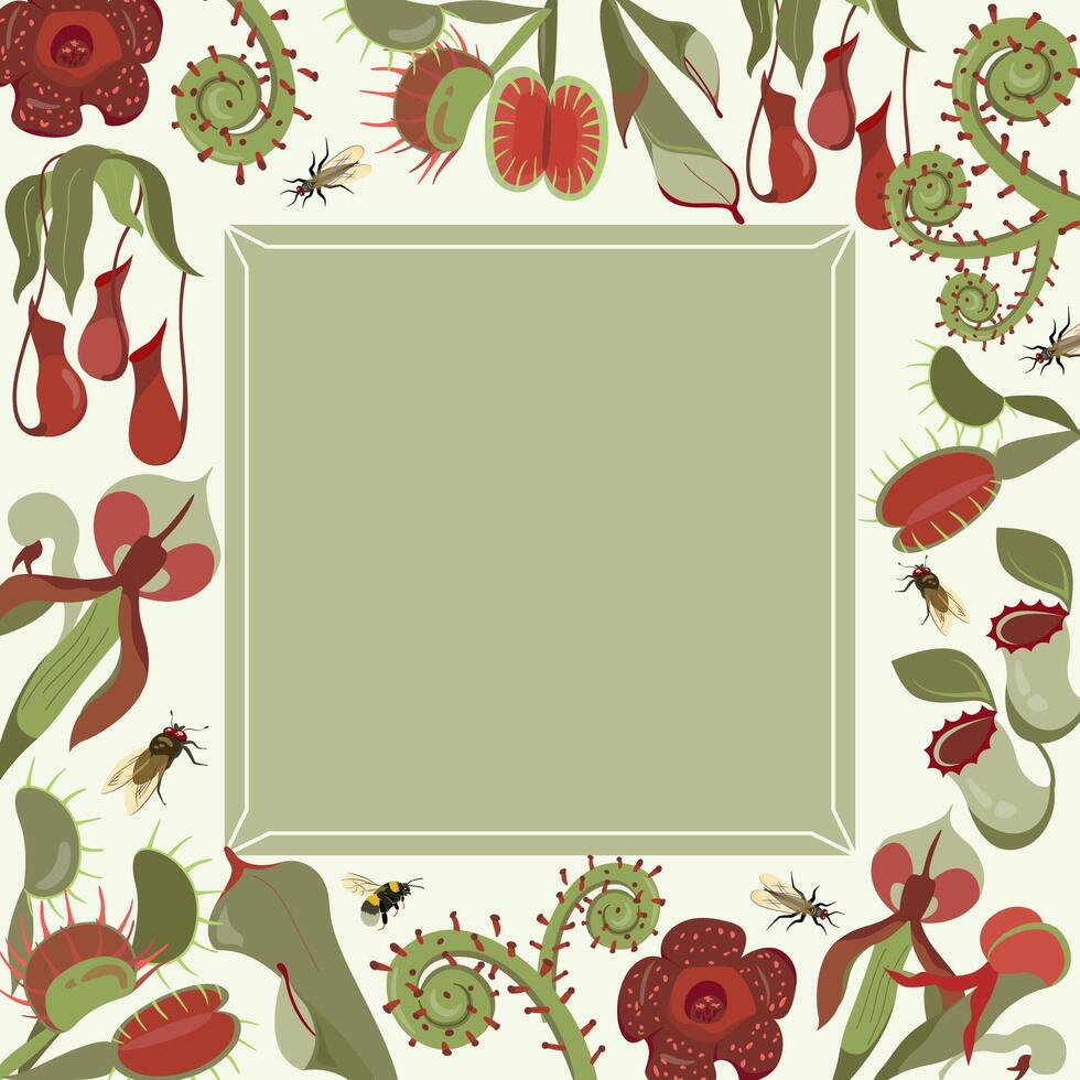 Beautifull flyer with exotic carnivorous plants. Square frame with unusual rare wild flowers rafflesia, Nepenthes, Venus flytrap. Template design. illustration vector