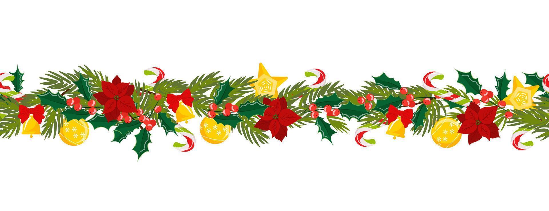 Seamless Christmas border of mistletoe, Christmas star flower, fir tree with bell and Christmas decorations, candy cane. Pattern suitable for posters, banners, cards, invitations vector