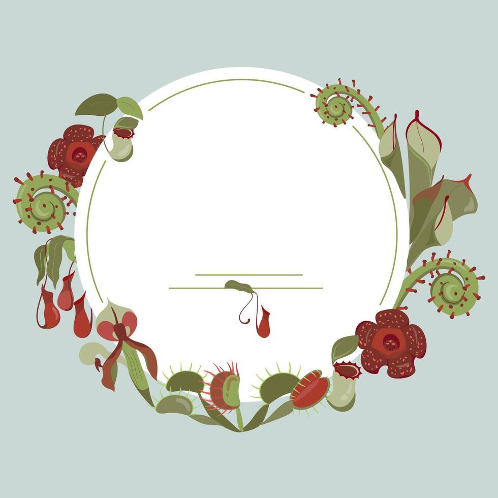 Beautifull flyer with exotic carnivorous plants. Round frame with unusual rare wild flowers rafflesia, Nepenthes, Venus flytrap. Template design. illustration isolated on white background vector