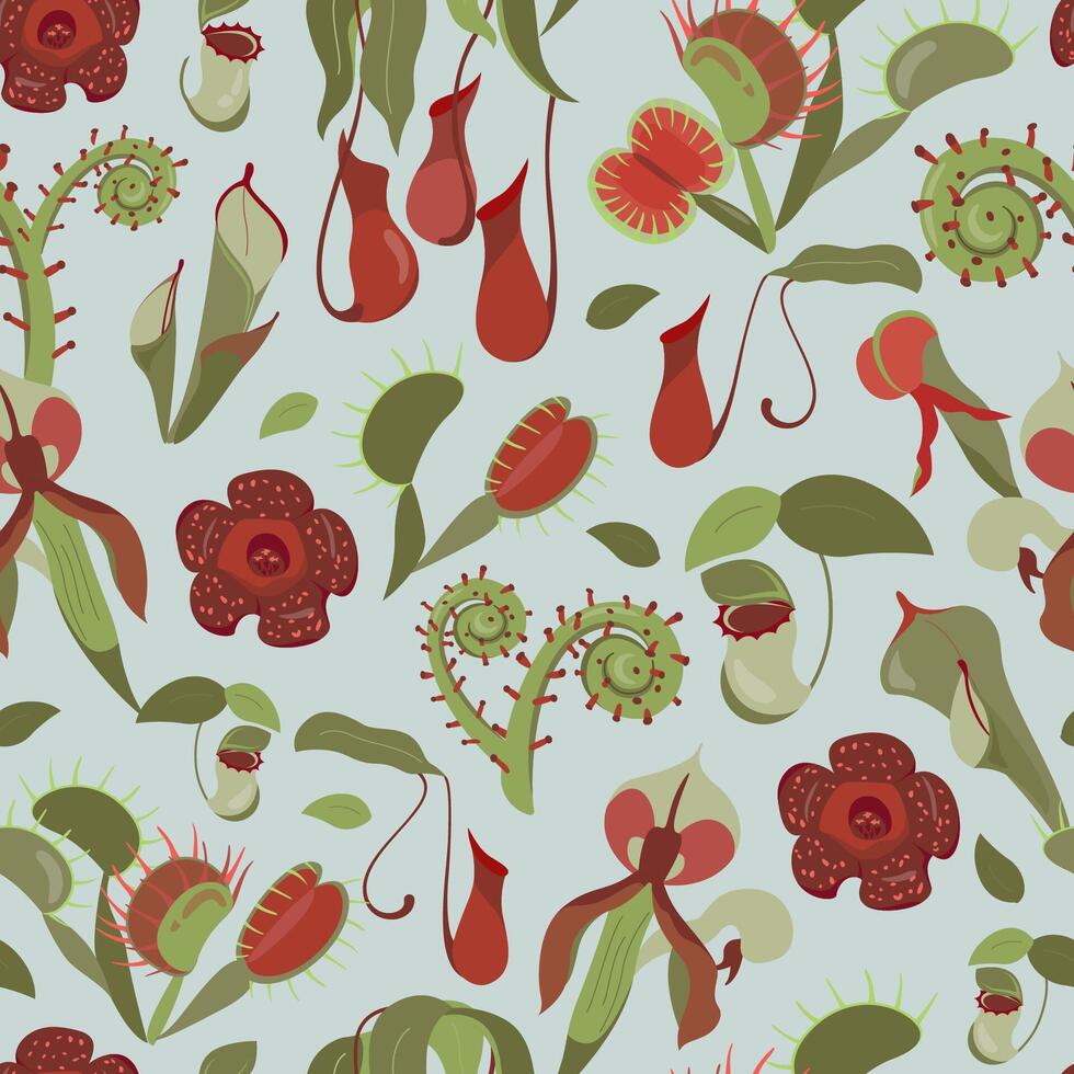 Beautifull tropical seamless pattern with carnivorous plants. Summer print with unusual Rafflesia, Nepenthes, Venus flytrap. Monkey cups exotic plant. floral pattern with rare wild flowers vector