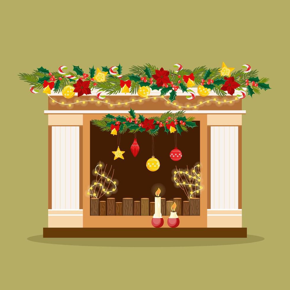 Cozy decorative Christmas fireplace with garlands and candles. Flat style illustration. New Year and Merry Christmas vector