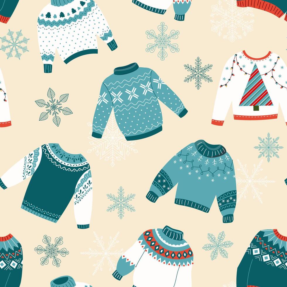 Scandinavian ugly sweater seamless pattern. Holiday knitted winter jumpers with norwegian ornaments. Funny christmas clothes repeating background for fabric, gift wrap, greeting cards, posters vector