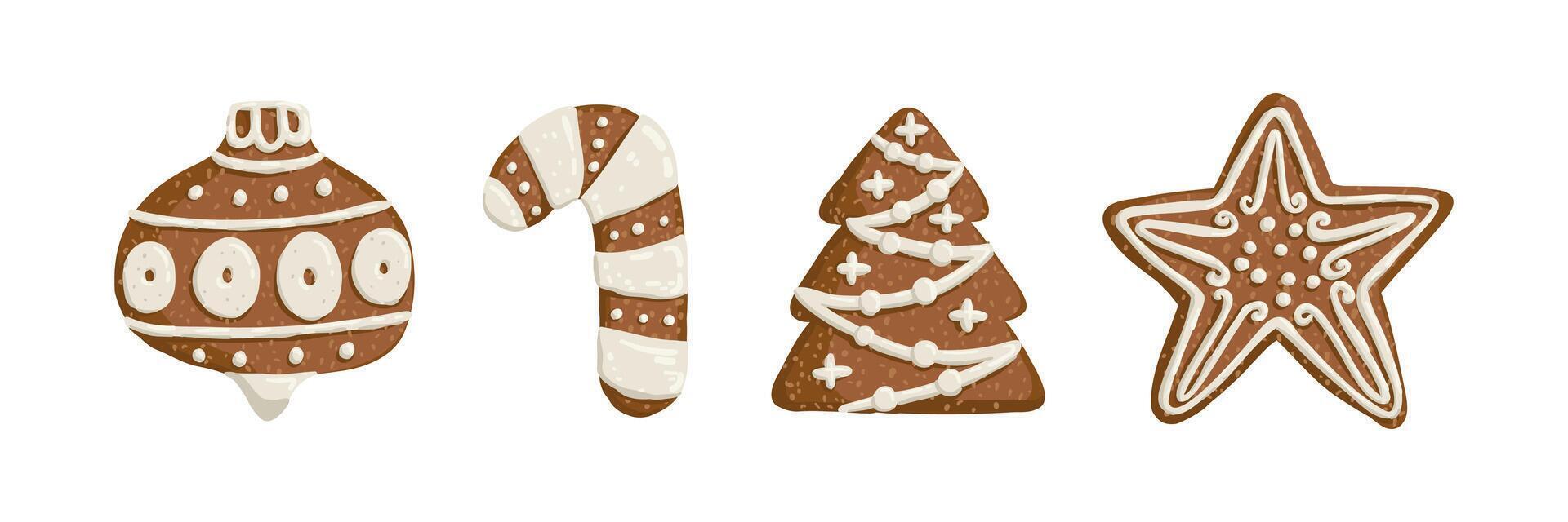Set of Christmas gingerbread is drawn in a flat style. Holiday, sweets, pastries. Hand drawn illustration. vector