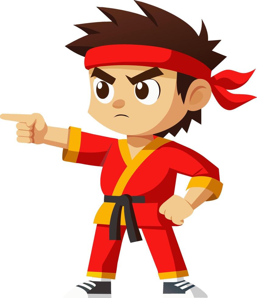 A cartoon boy in karate gear pointing at something vector