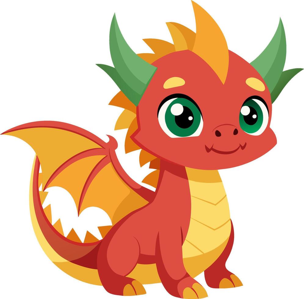 A cartoon dragon with green eyes and red and orange fur vector