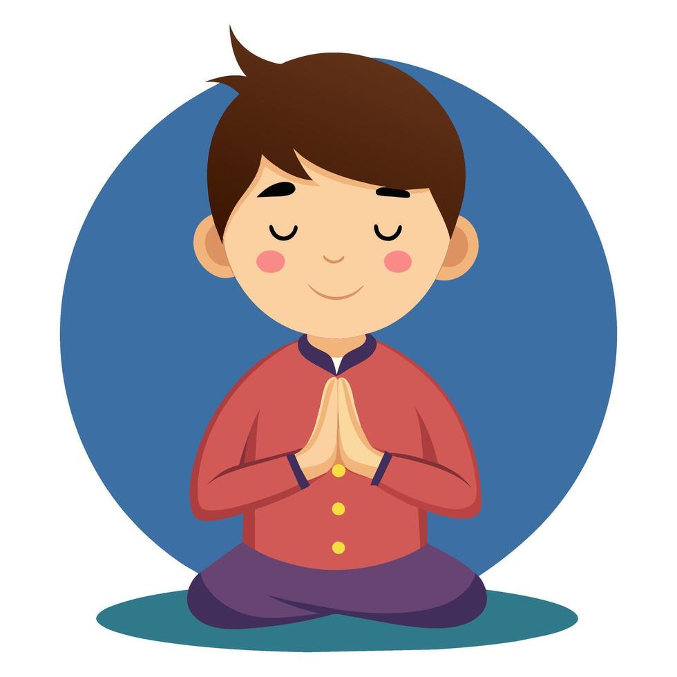 A boy sitting in lotus position with his hands closed vector