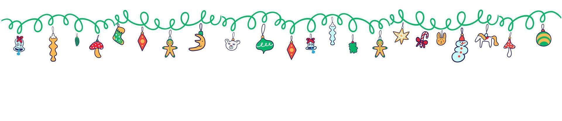 long horizontal dark Christmas and New Year banner with colored doodle garland vector